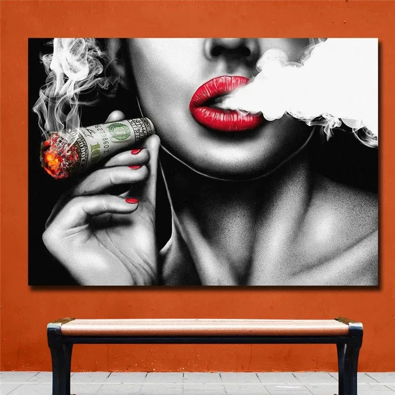 Unframed Red Lips Smoking Characters Vintage Walls Paintings Women Canvas Painting Home Decor Art for Living Room Bedroom Poster