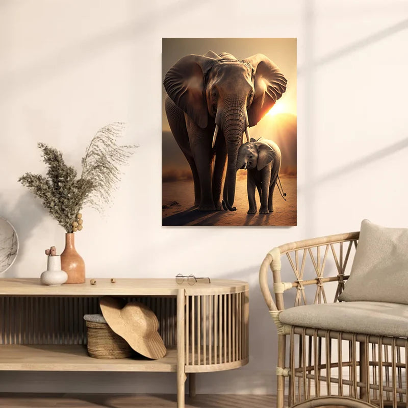 Vintage Elephants Sunset Landscape Wild Elephant Animal Art Posters Canvas Painting Wall Prints Pictures Living Room Home Decor