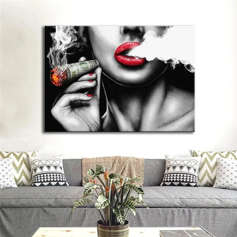 Unframed Red Lips Smoking Characters Vintage Walls Paintings Women Canvas Painting Home Decor Art for Living Room Bedroom Poster