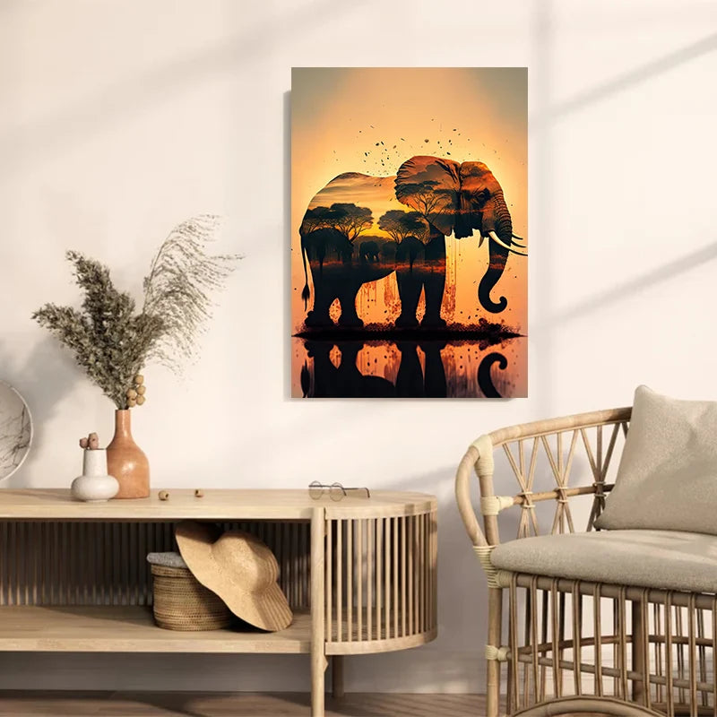 Vintage Elephants Sunset Landscape Wild Elephant Animal Art Posters Canvas Painting Wall Prints Pictures Living Room Home Decor