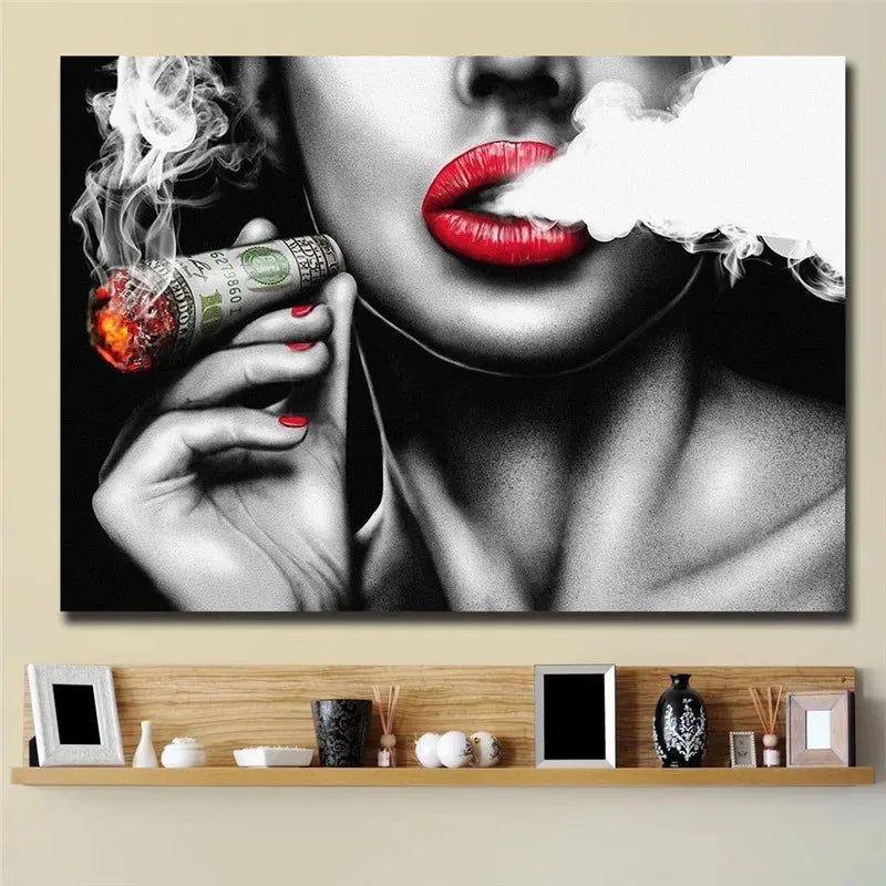 Unframed Red Lips Smoking Characters Vintage Walls Paintings Women Canvas Painting Home Decor Art for Living Room Bedroom Poster
