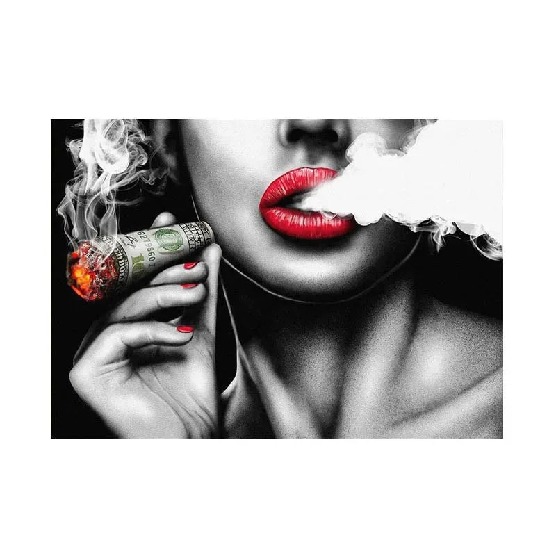 Unframed Red Lips Smoking Characters Vintage Walls Paintings Women Canvas Painting Home Decor Art for Living Room Bedroom Poster