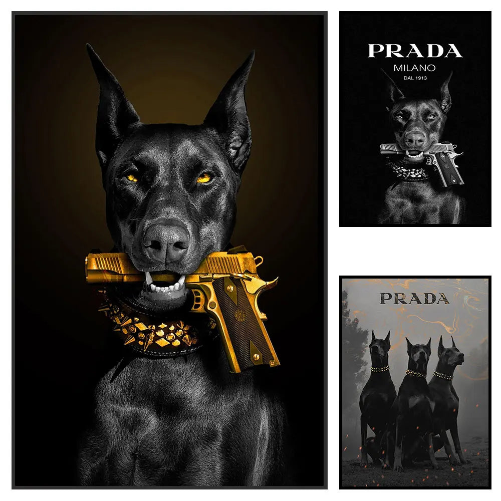 Quadro pop art con doberman e pistola, stile luxury animal per arredo moderno