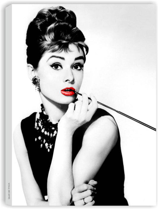 Quadri Audrey Hepburn con Labbra Rosse || Quadro colazione da Tiffany || quadri Moderni Soggiorno e Camera da Letto || Stampa su Tela Bianco Nero rosso