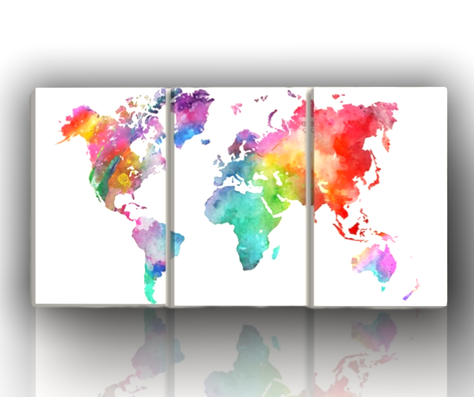 Quadro moderno con mappamondo colorato e cartina geografica arcobaleno, stampa su tela canvas per arredamento soggiorno, ufficio o camera da letto
