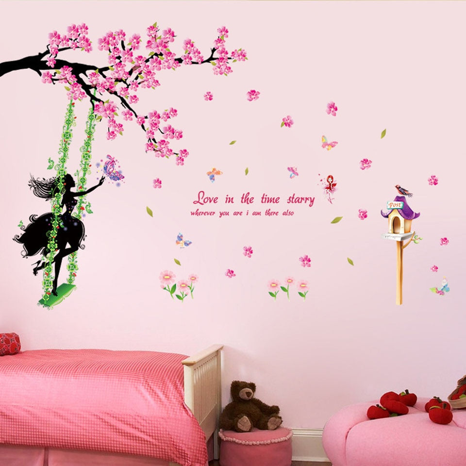 Sticker mural || Fée || Arbre || Fleurs et papillons