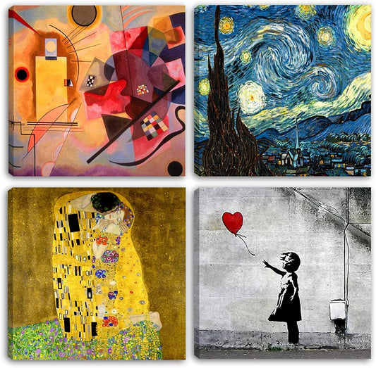 Set di 4 quadri moderni famosi 30x30 ispirati a Klimt, Kandinsky, Van Gogh e Banksy – stampe su tela HD pronte da appendere, perfette per arredamento moderno e artistico