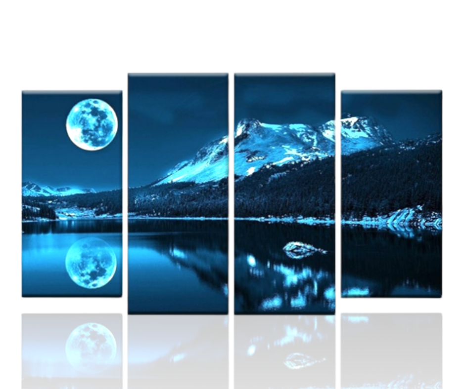 Quadro moderno con luna e lago di notte, stampa su tela blu decorativa per soggiorno, camera da letto e spazi eleganti