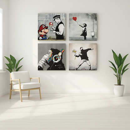 Set Quadri Banksy – Set da 4 Pannelli 30x30 cm | Street Art Moderna su Tela Pronta da Appendere