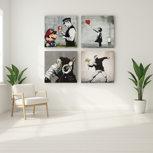Set Quadri Banksy – Set da 4 Pannelli 30x30 cm | Street Art Moderna su Tela Pronta da Appendere