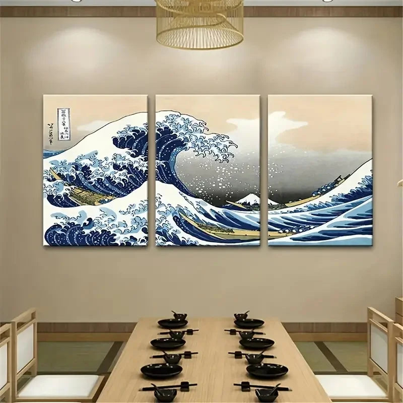 3pcs Japanese Style Canvas Print Posters Waves of Kanagawa Wall Art Paintings Living Room Bedroom Hallway Kitchen Wall Decors