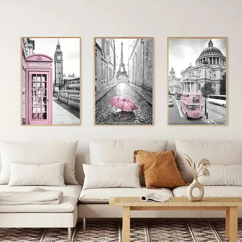 3pcs Modern Art Canvas Poster Eiffel Tower Girls Bedroom Decoration Lightpink Paris Theme Wall Art Living Room Corridor Decor