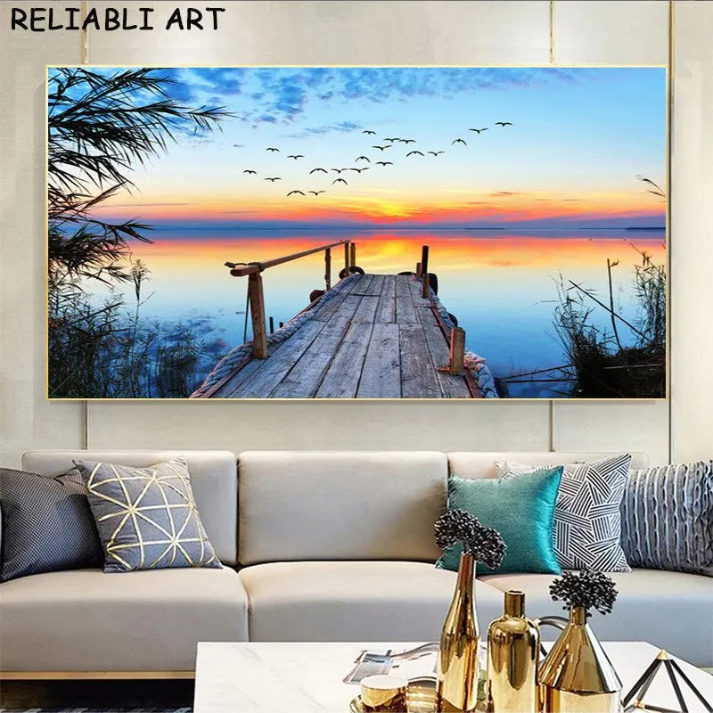 Sea Sunset & Wooden Bridge Landscape Canvas - Modern Wall Art Poster for Living Room Decor, Unframed