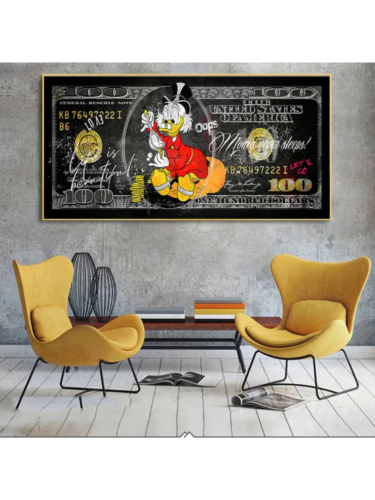 Quadro Pop Art Paperino con 100 Dollari – Stampa su Tela Graffiti Street Art per Decorazioni Moderne