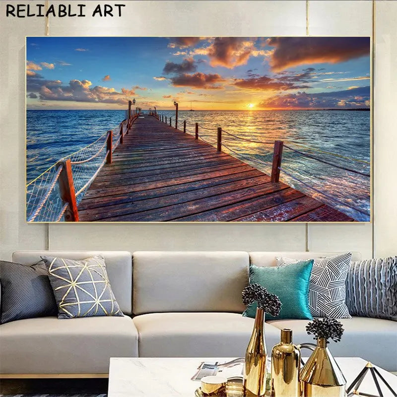 Sea Sunset & Wooden Bridge Landscape Canvas - Modern Wall Art Poster for Living Room Decor, Unframed