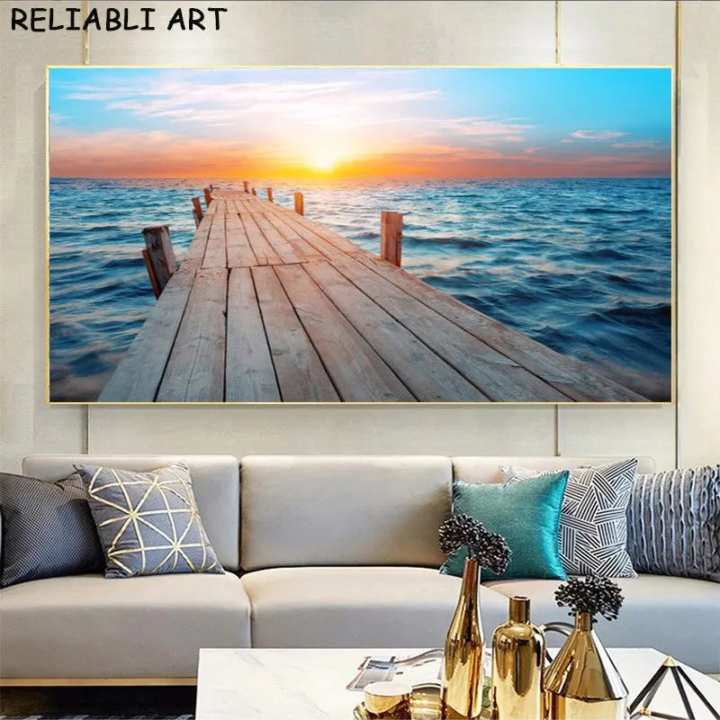 Sea Sunset & Wooden Bridge Landscape Canvas - Modern Wall Art Poster for Living Room Decor, Unframed