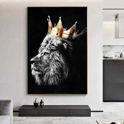 Modern Black White Wall Art Lion with Golden Crown Posters and Prints Luxury Animal Canvas Painting Pictrue Office Home Decor