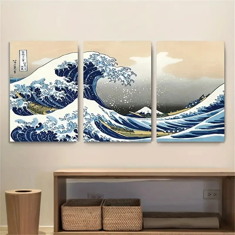 3pcs Japanese Style Canvas Print Posters Waves of Kanagawa Wall Art Paintings Living Room Bedroom Hallway Kitchen Wall Decors