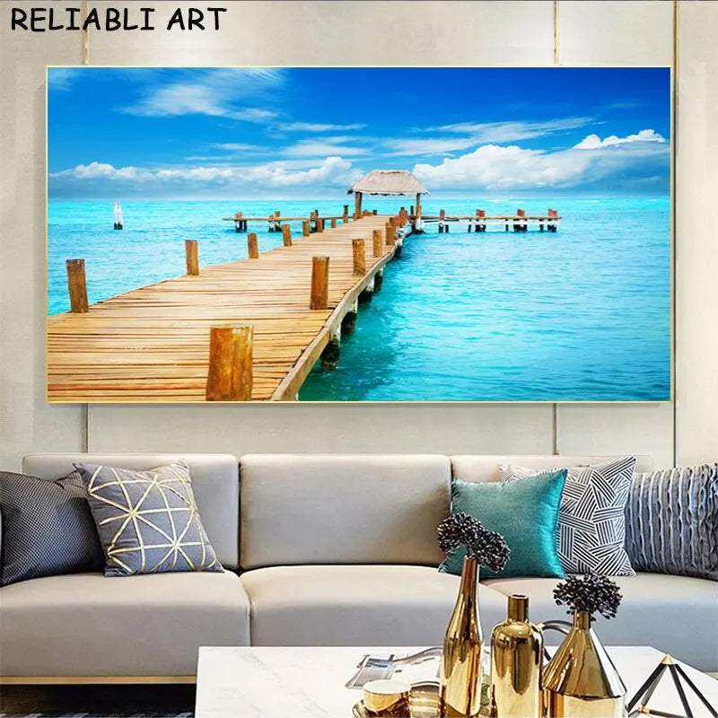 Sea Sunset & Wooden Bridge Landscape Canvas - Modern Wall Art Poster for Living Room Decor, Unframed