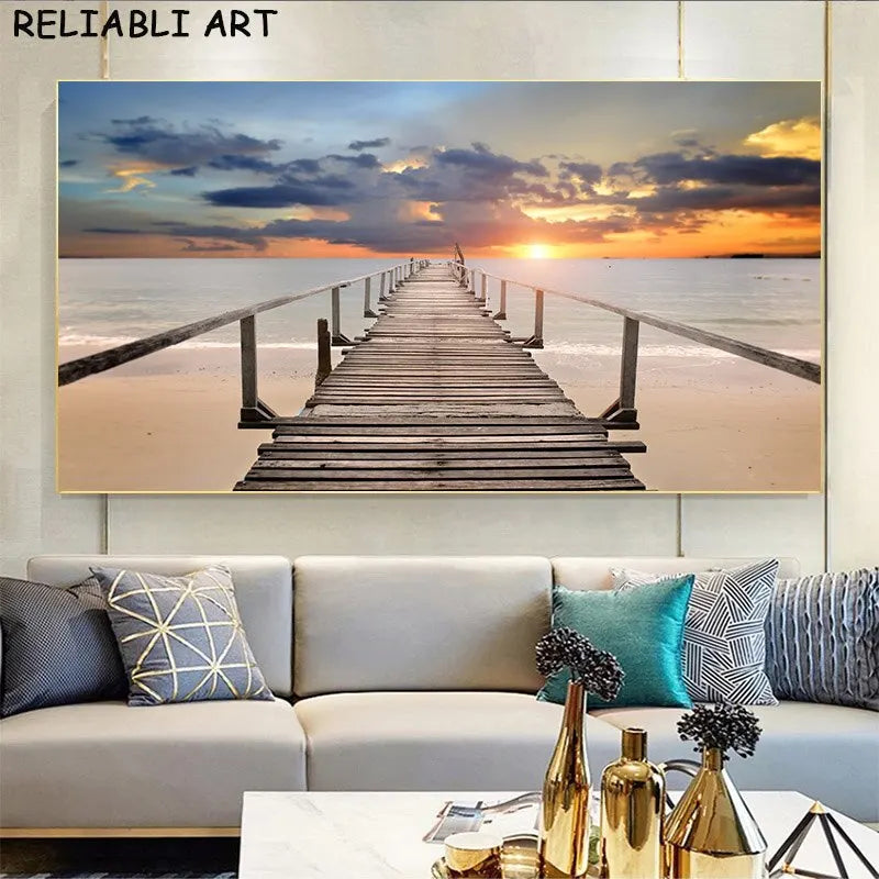 Sea Sunset & Wooden Bridge Landscape Canvas - Modern Wall Art Poster for Living Room Decor, Unframed