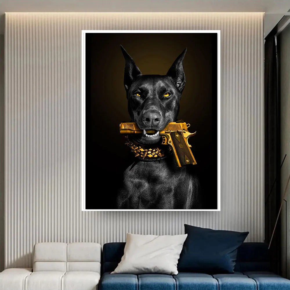 Quadro su Tela Doberman con Pistola – Stile Luxury Animal Pop Art per Arredo Moderno