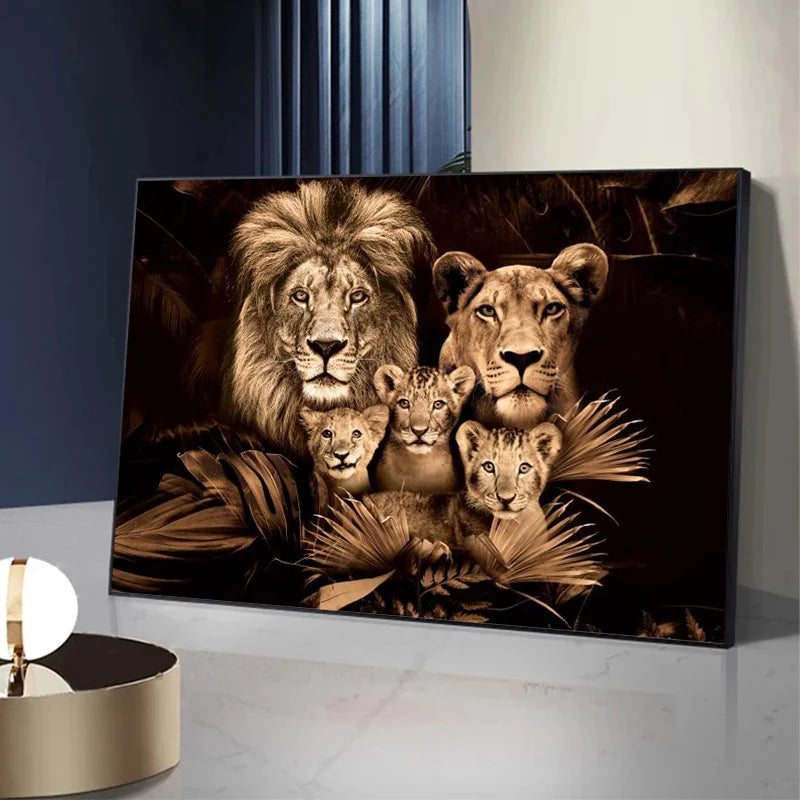 Modern Lion Family Wall Art Decoration Painting Canvas Print Posters Nature Lion Mural Pictures for Lioving Room Home Decoration