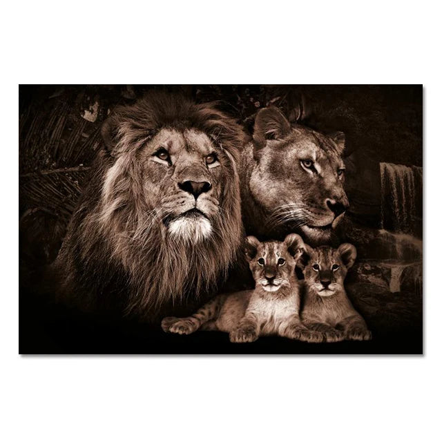 Modern Lion Family Wall Art Decoration Painting Canvas Print Posters Nature Lion Mural Pictures for Lioving Room Home Decoration