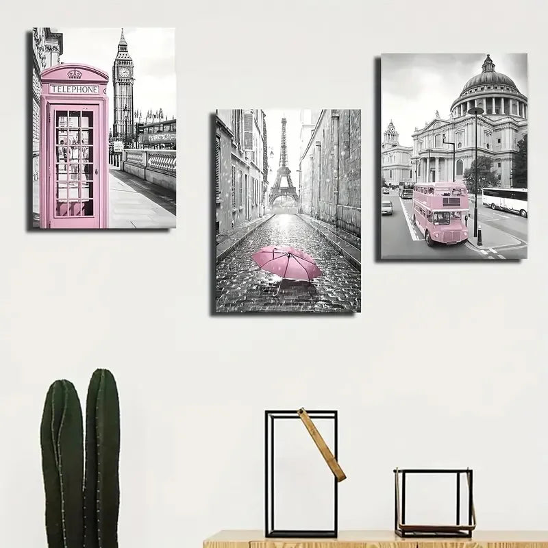 3pcs Modern Art Canvas Poster Eiffel Tower Girls Bedroom Decoration Lightpink Paris Theme Wall Art Living Room Corridor Decor