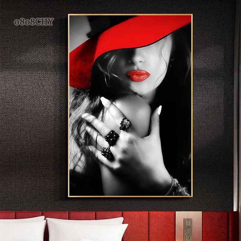 Sexy Red Lips Women Burning Money Cash Posters and Prints Canvas Paintings Fashion Girl Portrait Wall Art Picture Bar Home Decor