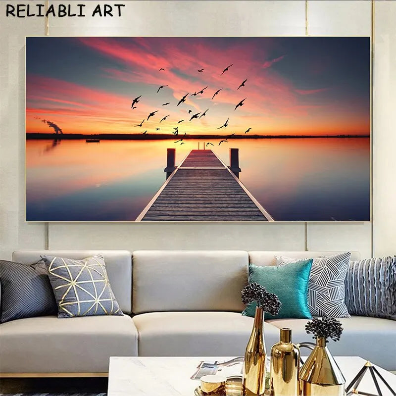 Sea Sunset & Wooden Bridge Landscape Canvas - Modern Wall Art Poster for Living Room Decor, Unframed