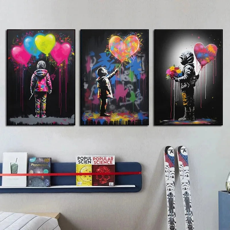 Banksy Modern Abstract Canvas Painting Print Graffiti Heart Wall Art Poster and Picture for Home Office Room Decor Unframed