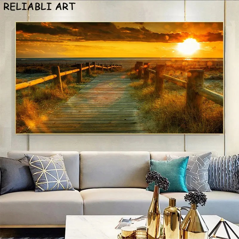 Sea Sunset & Wooden Bridge Landscape Canvas - Modern Wall Art Poster for Living Room Decor, Unframed