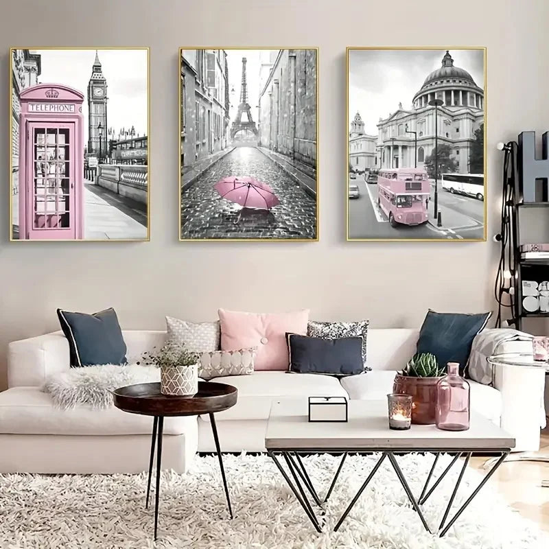 3pcs Modern Art Canvas Poster Eiffel Tower Girls Bedroom Decoration Lightpink Paris Theme Wall Art Living Room Corridor Decor