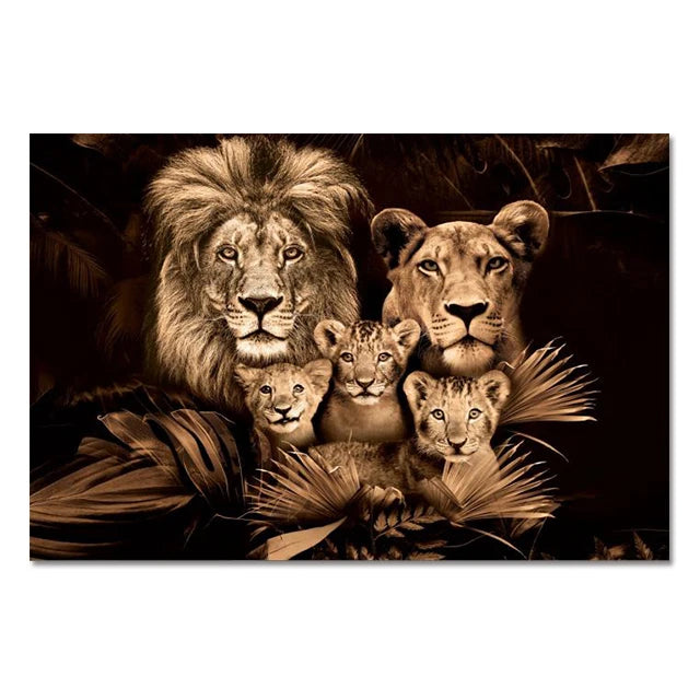 Modern Lion Family Wall Art Decoration Painting Canvas Print Posters Nature Lion Mural Pictures for Lioving Room Home Decoration