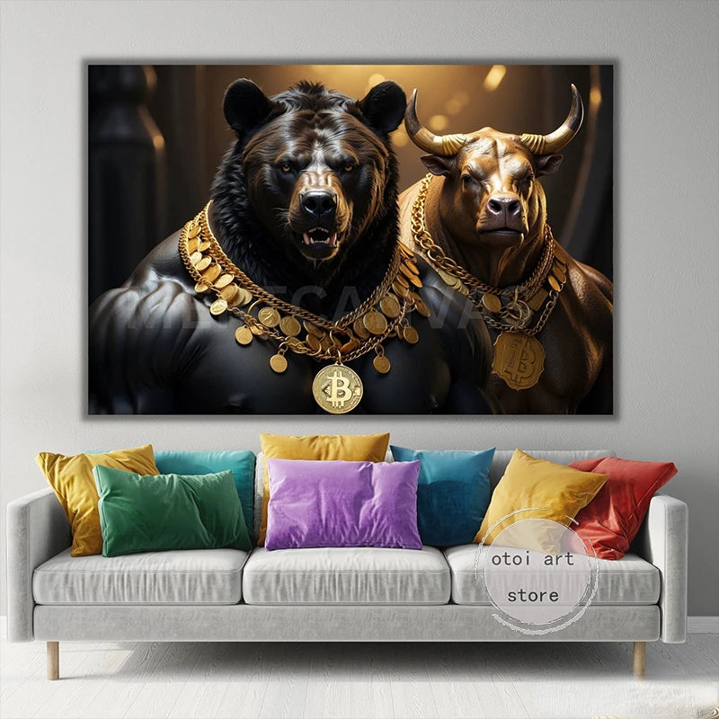 Bull and Bear Bitcoin Gold Bear Black Bear Crypto Crypto Coin Art Poster Canvas Painting Wall Prints Picture Office Home Decor