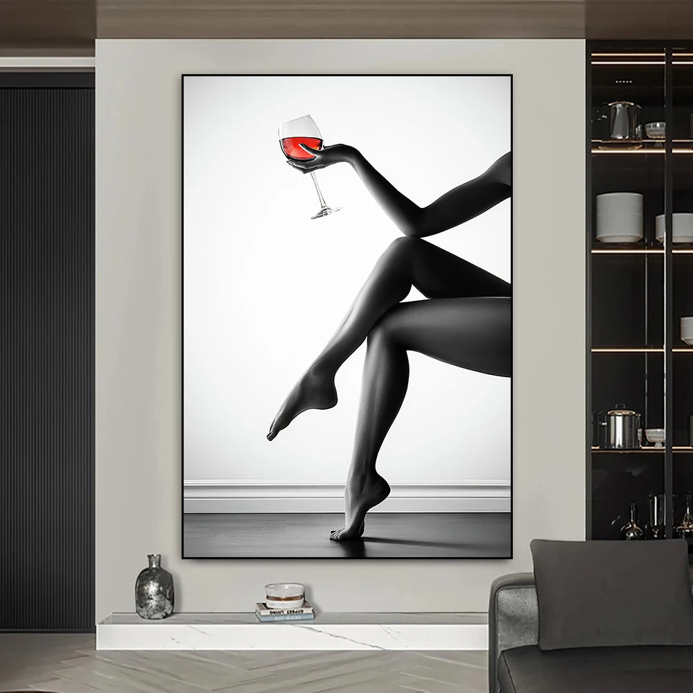 Black and White Nude Art Sexy Girl Wine Glass Posters and Prints Modern Wall Art Canvas Paintings for Bedroom Bar Home Decor