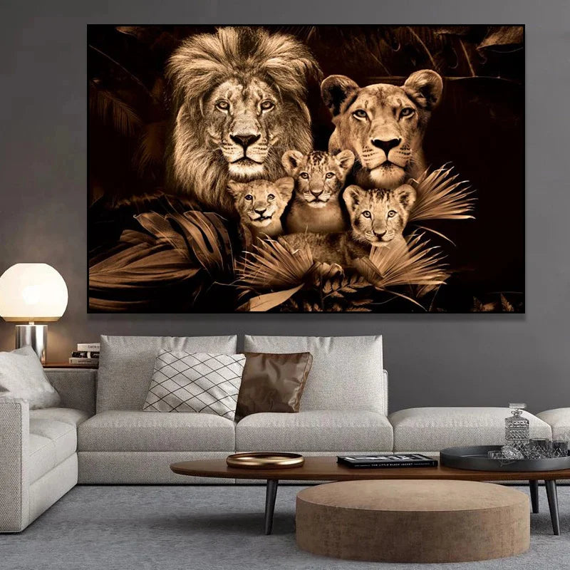 Modern Lion Family Wall Art Decoration Painting Canvas Print Posters Nature Lion Mural Pictures for Lioving Room Home Decoration