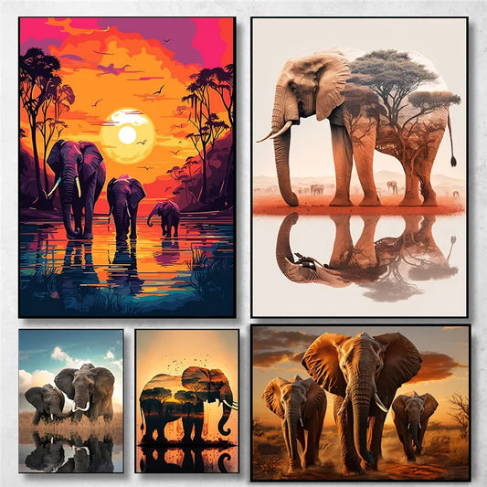 Vintage Elephants Sunset Landscape Wild Elephant Animal Art Posters Canvas Painting Wall Prints Pictures Living Room Home Decor