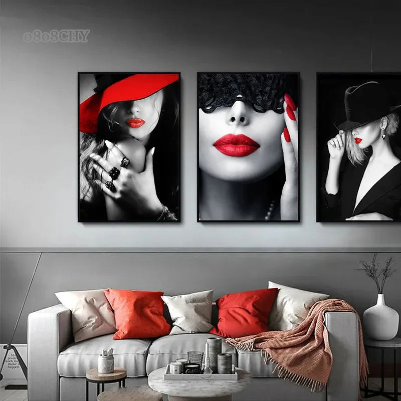 Sexy Red Lips Women Burning Money Cash Posters and Prints Canvas Paintings Fashion Girl Portrait Wall Art Picture Bar Home Decor