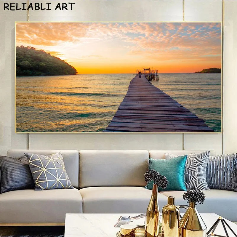 Sea Sunset & Wooden Bridge Landscape Canvas - Modern Wall Art Poster for Living Room Decor, Unframed