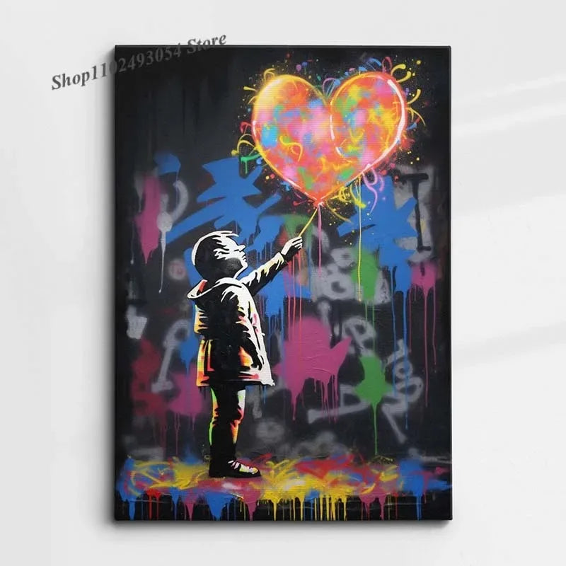 Banksy Modern Abstract Canvas Painting Print Graffiti Heart Wall Art Poster and Picture for Home Office Room Decor Unframed