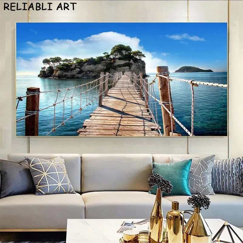 Sea Sunset & Wooden Bridge Landscape Canvas - Modern Wall Art Poster for Living Room Decor, Unframed