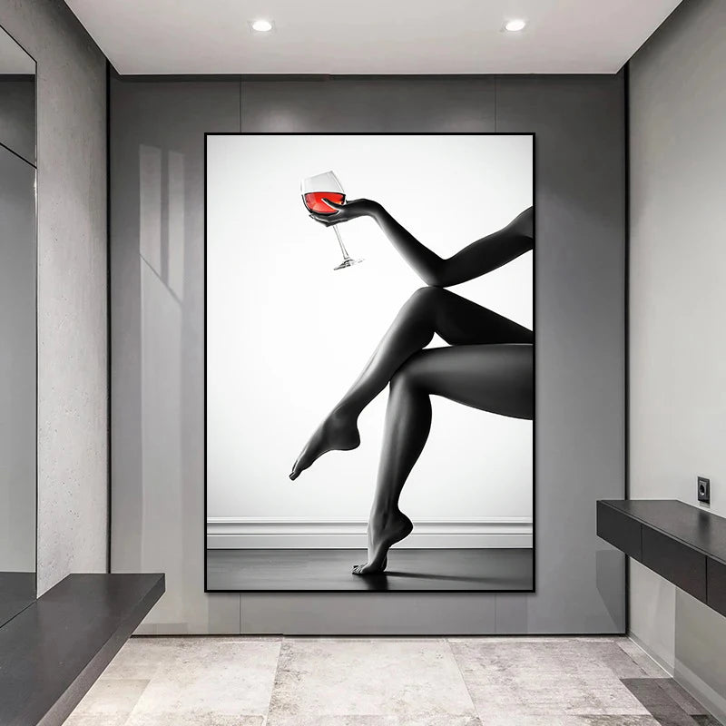 Black and White Nude Art Sexy Girl Wine Glass Posters and Prints Modern Wall Art Canvas Paintings for Bedroom Bar Home Decor