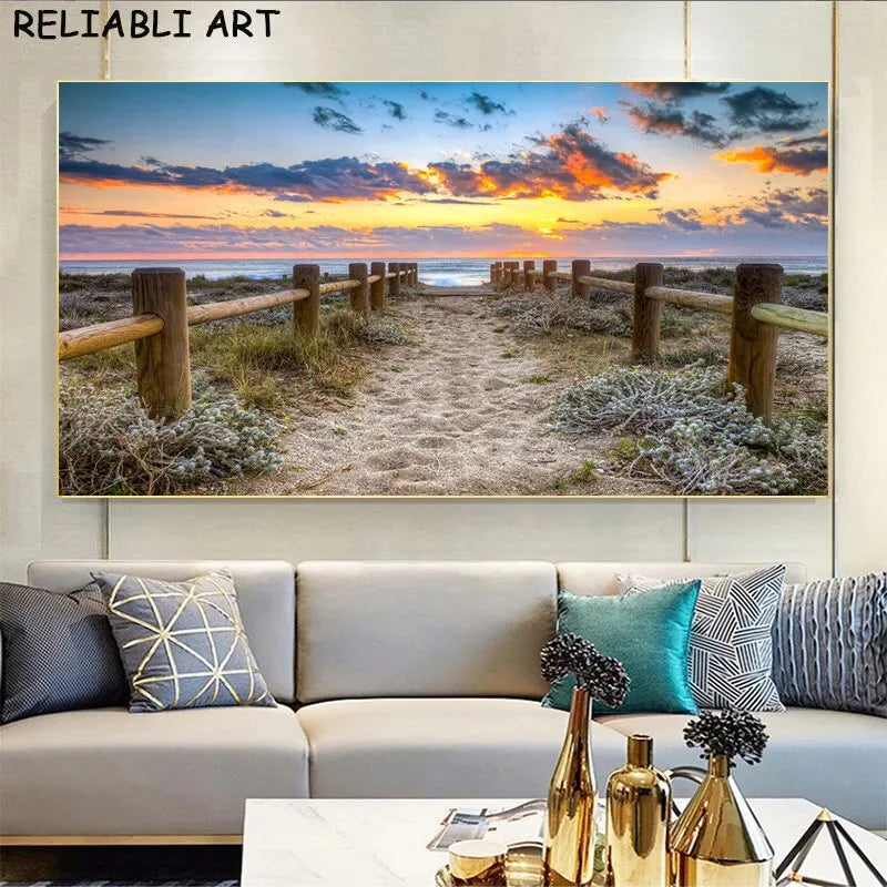 Sea Sunset & Wooden Bridge Landscape Canvas - Modern Wall Art Poster for Living Room Decor, Unframed