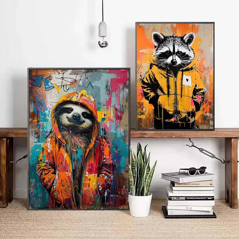 Banksy Pop Street Graffiti Wall Art Animal Canvas Posters and Prints Panda Dog Raccoon Painting for Living Room Decor Picture