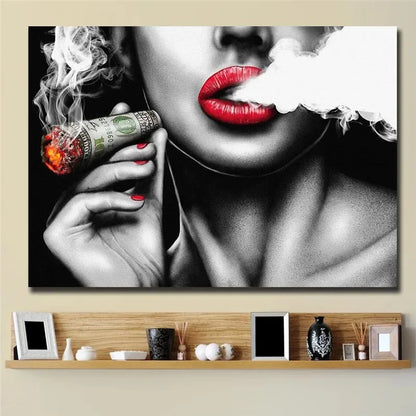 Unframed Red Lips Smoking Characters Vintage Walls Paintings Women Canvas Painting Home Decor Art for Living Room Bedroom Poster