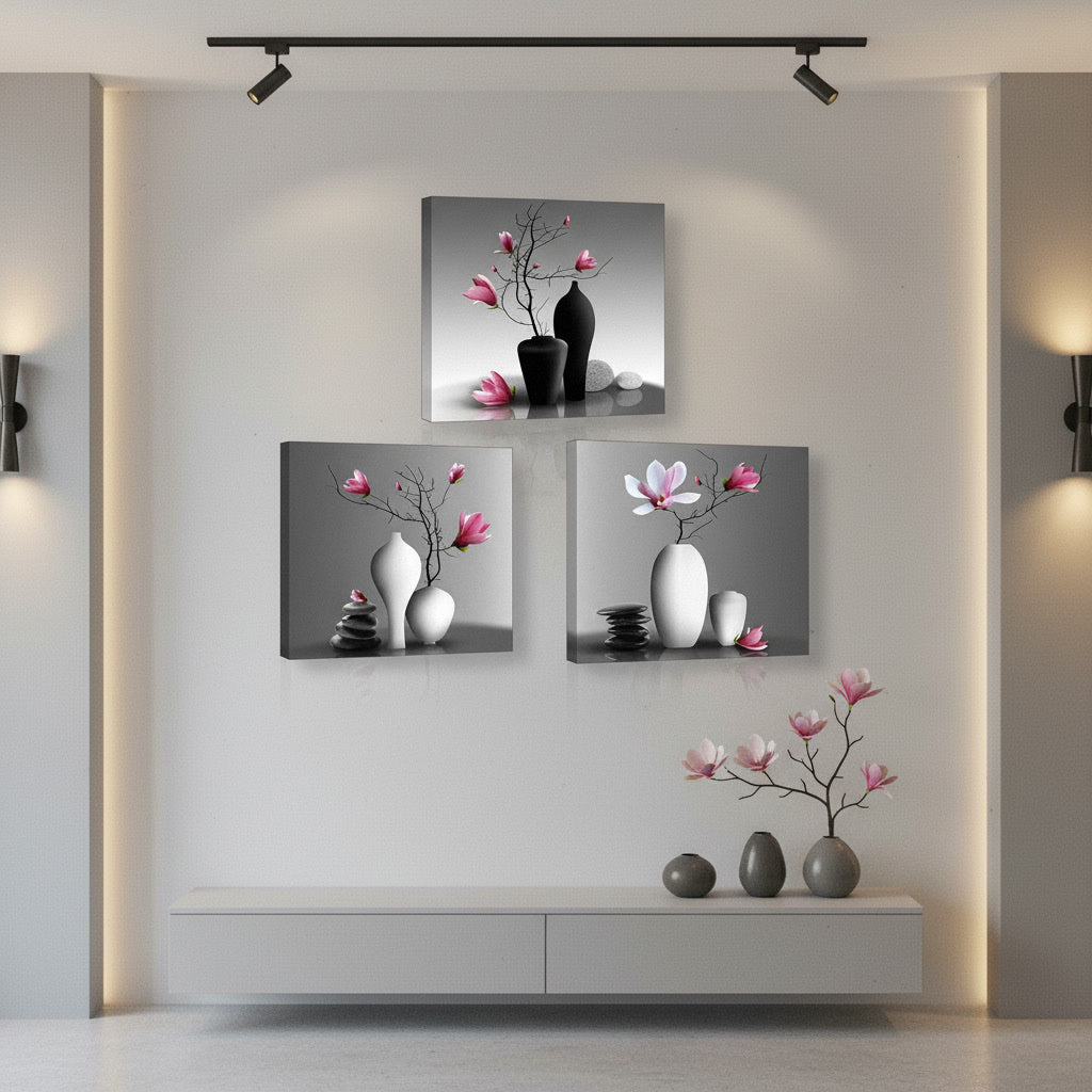 🌸 Quadro Moderno con Fiori in Vaso – 3 Pannelli da 30x30 cm