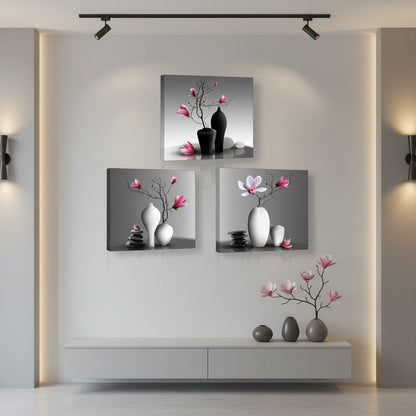 🌸 Quadro Moderno con Fiori in Vaso – 3 Pannelli da 30x30 cm
