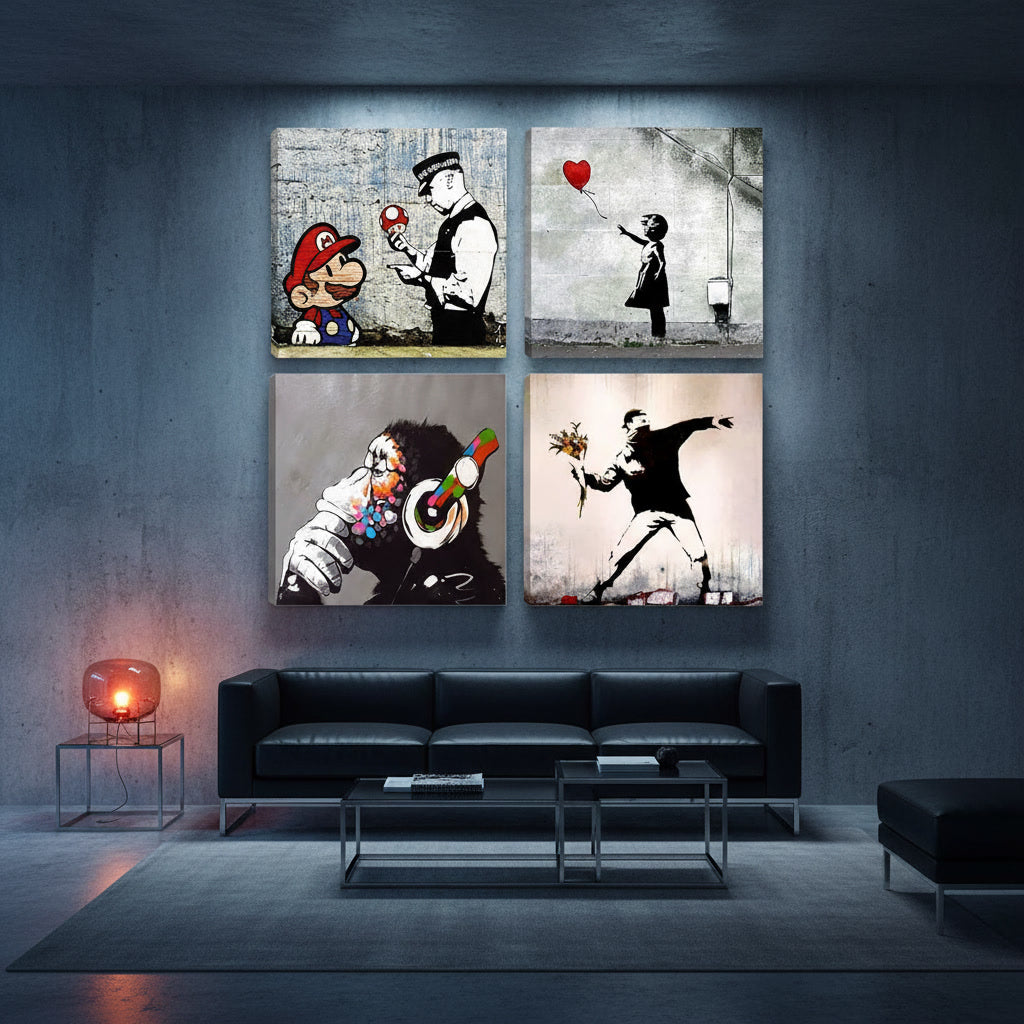 Set Quadri Banksy – Set da 4 Pannelli 30x30 cm | Street Art Moderna su Tela Pronta da Appendere
