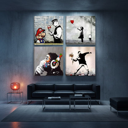 Set Quadri Banksy – Set da 4 Pannelli 30x30 cm | Street Art Moderna su Tela Pronta da Appendere